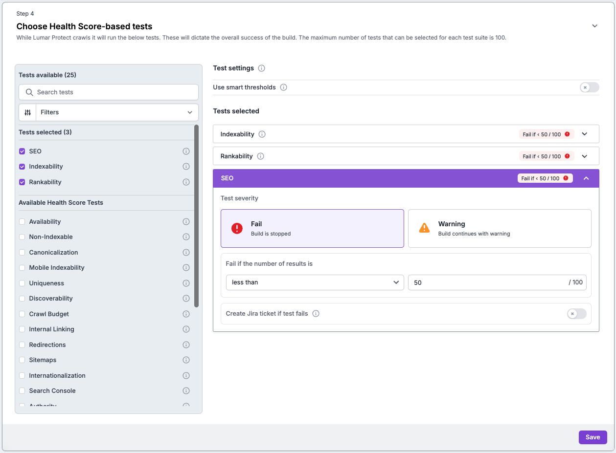 Screenshot of step 4 of the Lumar Protect test suite setup, showing the option to choose health score tests.