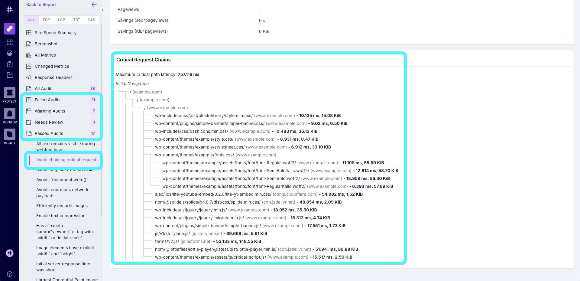 Screenshot of the Critical Request Chains detail in the Analyze Page Detail View, with the Audits and the Avoid chaining critical requests audit highlighted.