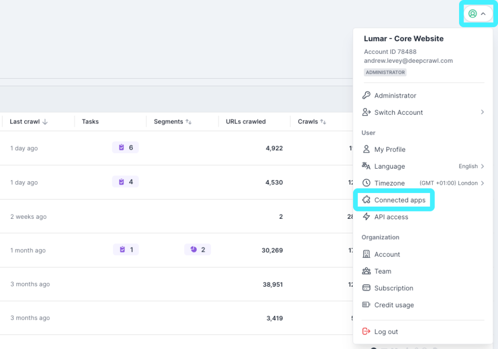 Screenshot of the Lumar user options with the Connected Apps option highlighted.