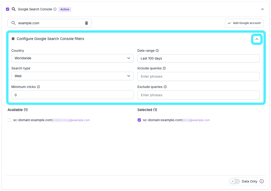 Screenshot of the Google Search Console source in Step 2 of the Lumar crawl setup process, showing filter options for country, search type, minimum clicks, date range, include queries, and exclude queries.
