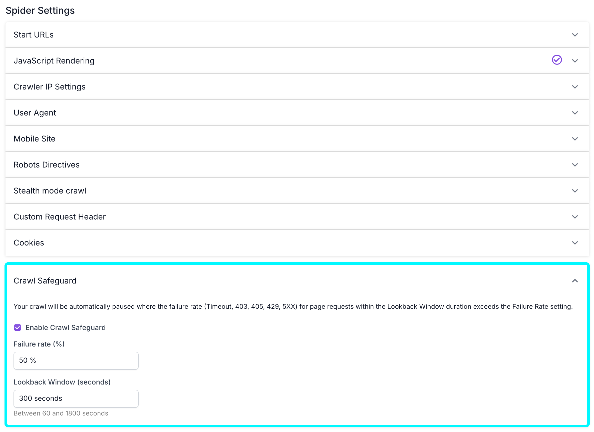 Screenshot of the Spider Settings options in Advanced Settings in step 4 of the crawl setup, with the Crawl Safeguard options highlighted.