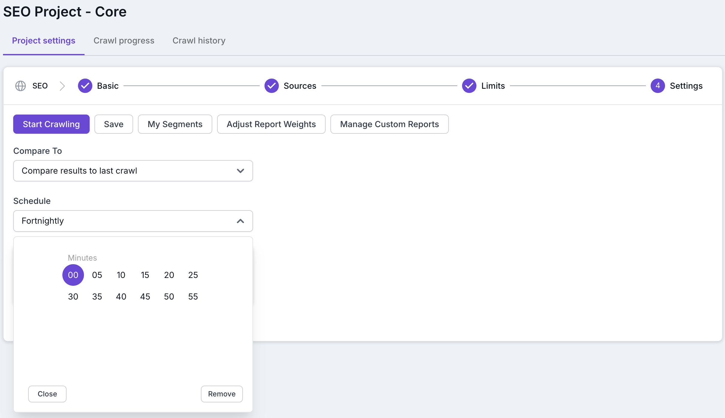 Screenshot of step 4 of the Lumar crawl setup process, showing the ability to specify 5-minute increments for the crawl schedule.