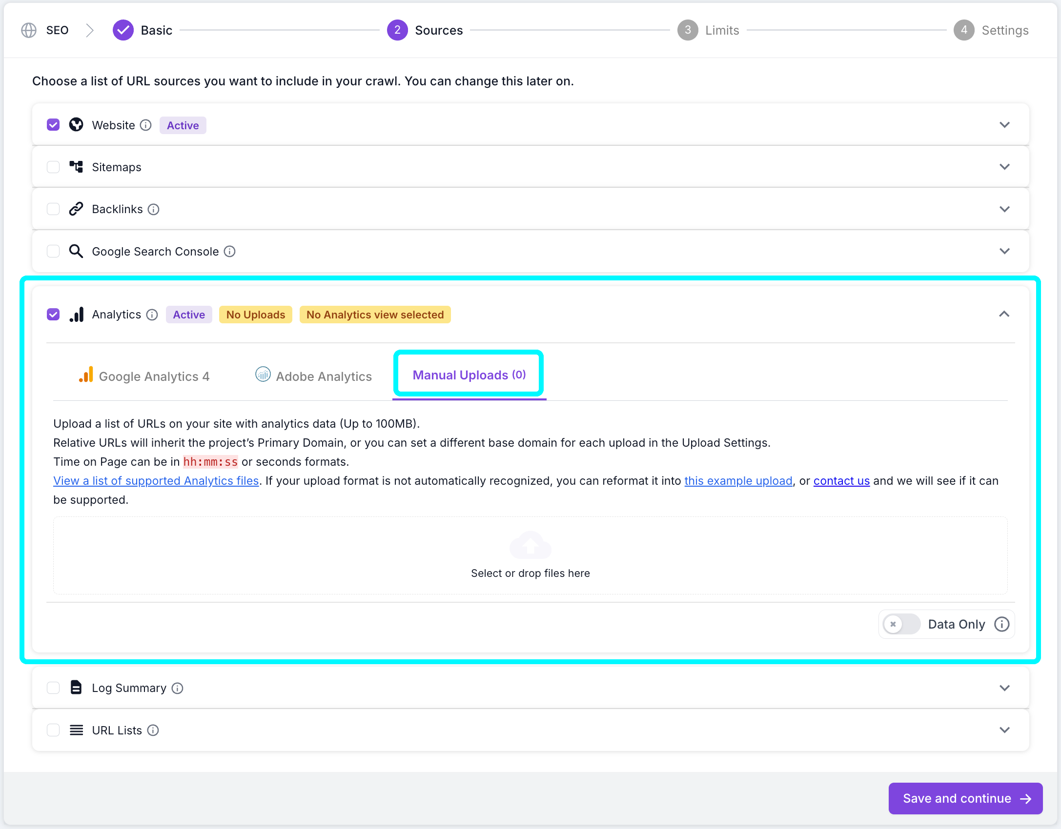 Screenshot of step 2 of the Lumar project setup, showing the Analytics section with the manual uploads area highlighted.