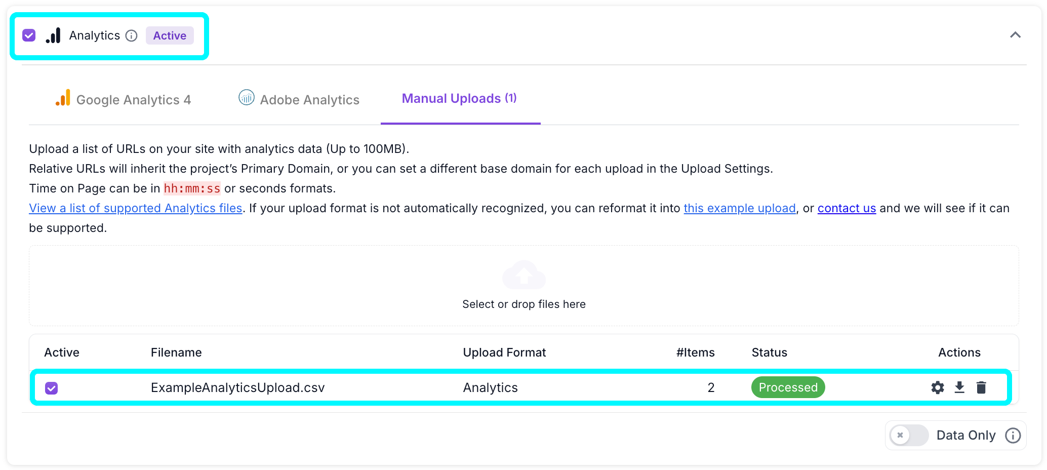 Screenshot of step 2 of the Lumar project setup, showing a data file uploaded and processed in the Analytics, manual uploads area.