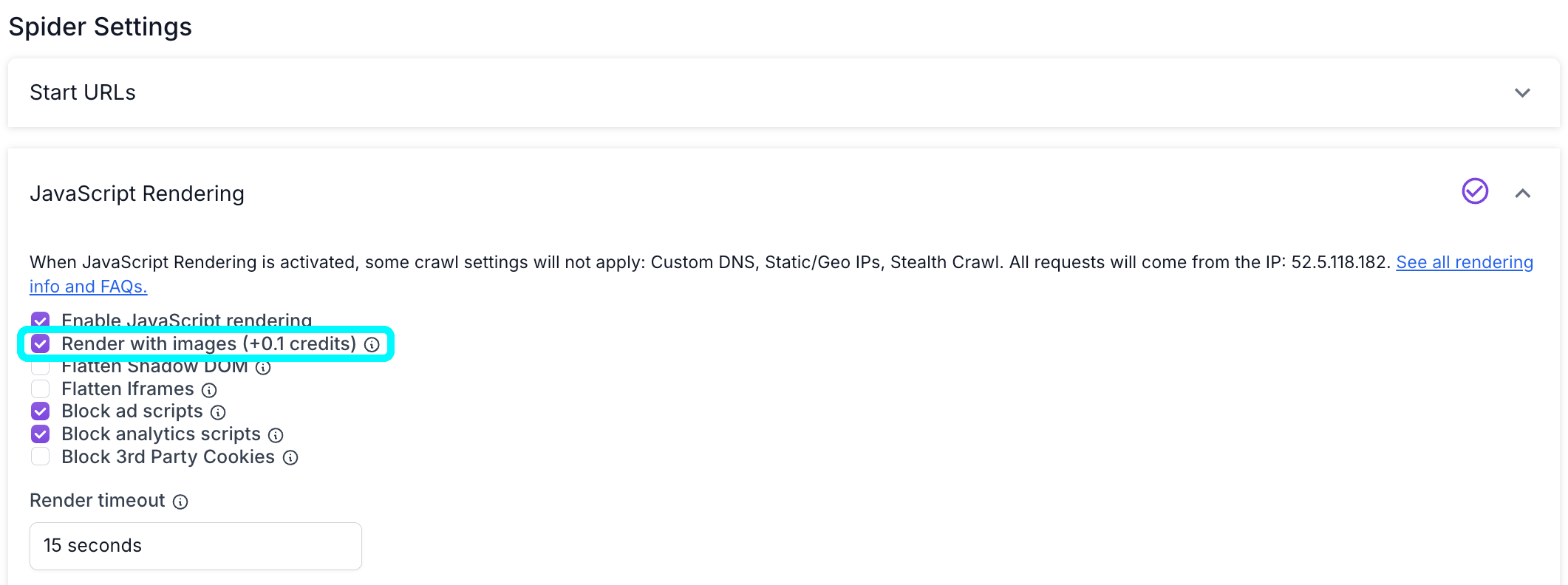 Screenshot of the JavaScript Rendering settings in the Spider Settings section of Advanced Settings, with the Render with Images option enabled and highlighted.