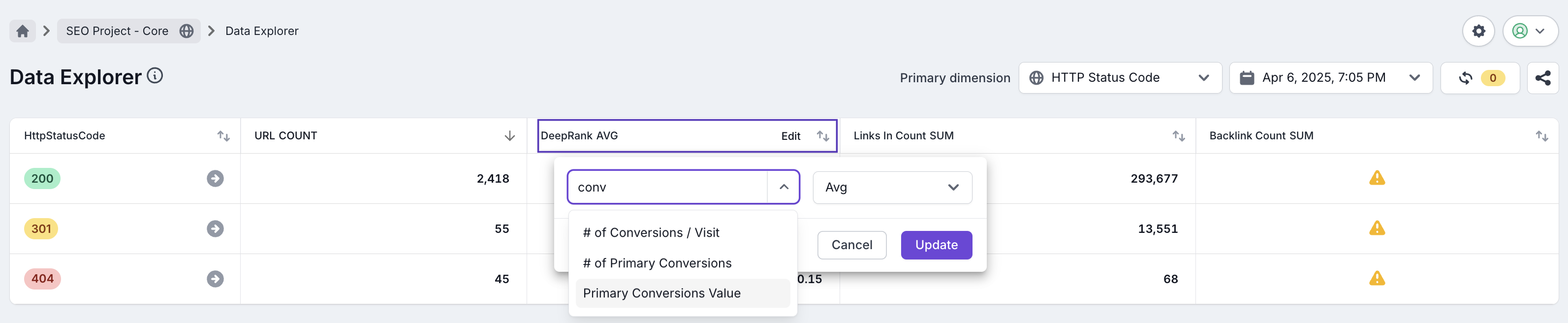 Screenshot of the Lumar Data Explorer, showing the conversion metrics available to use from the dropdown.