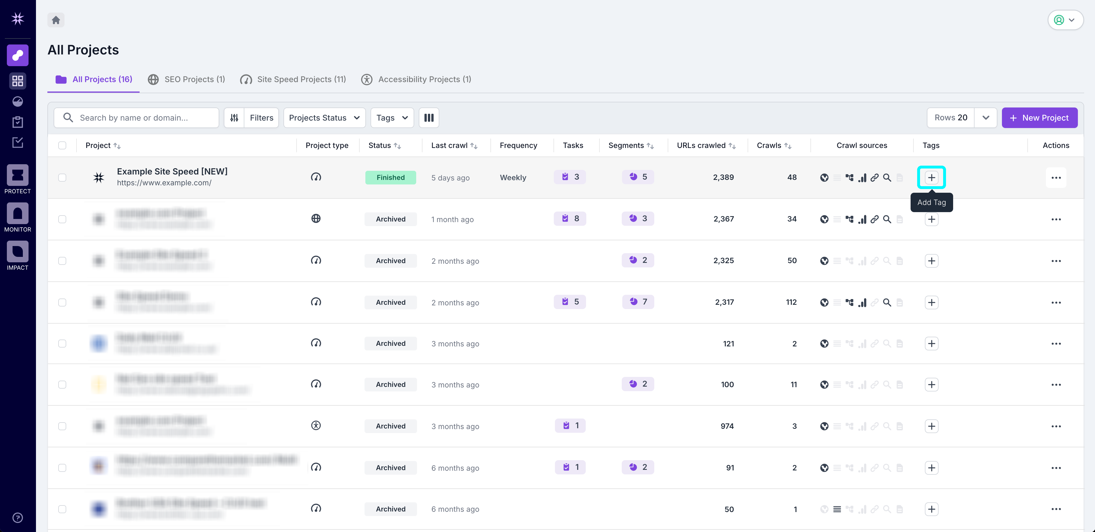 Screenshot of the Lumar Analyze project list view, with the add tag icon highlighted.