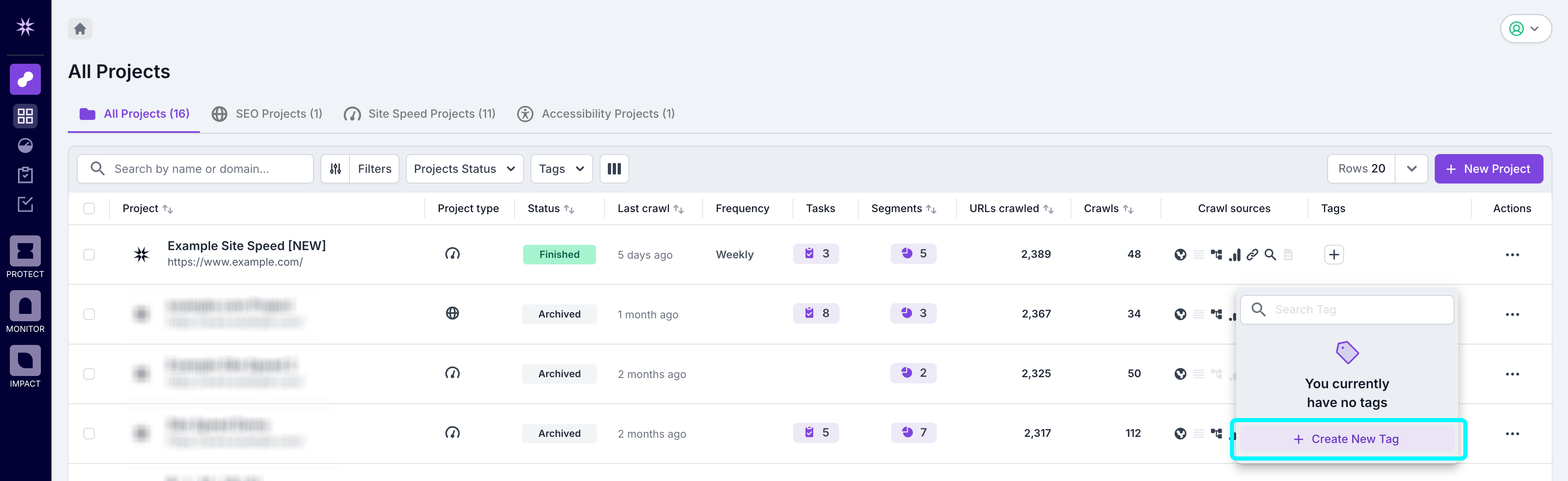 Screenshot of the project list view with the tag modal open and the create new tag button highlighted.