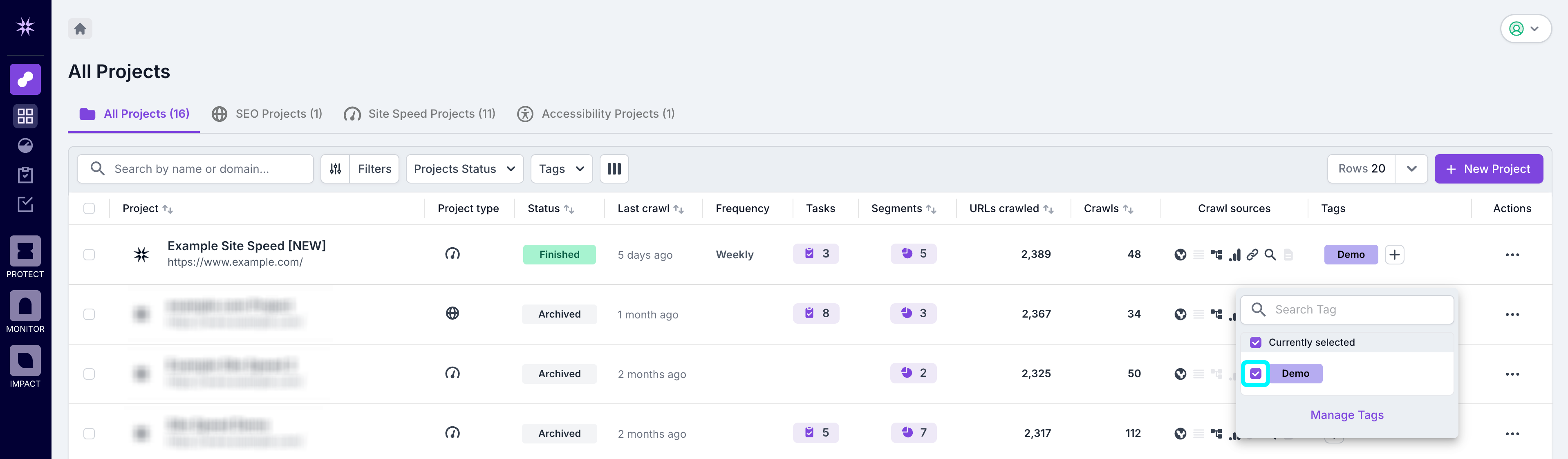 Screenshot of the project list view with the option to check the box next to a tag to apply it to the project.