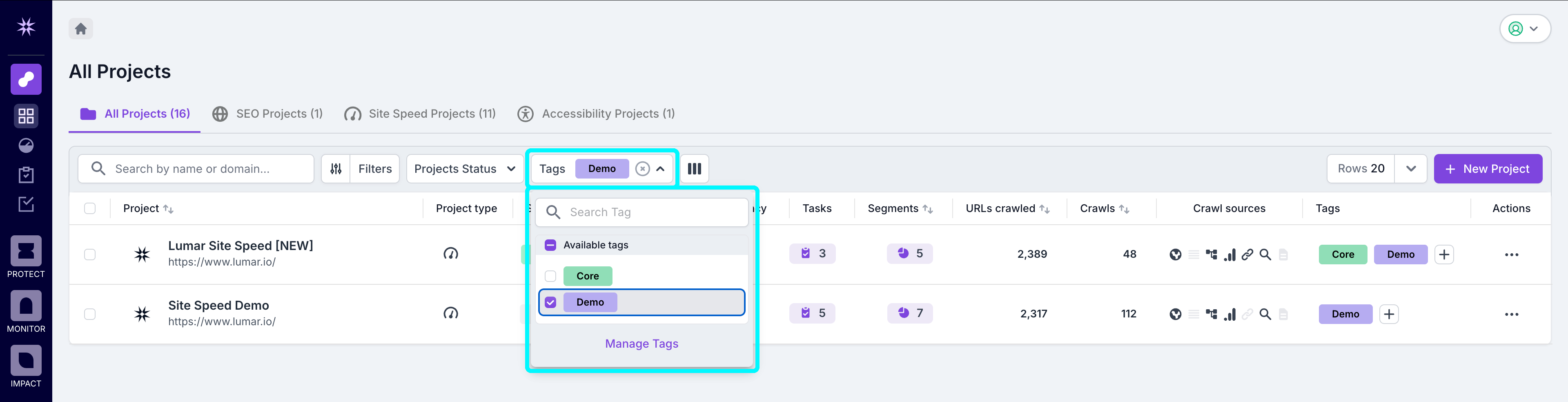 Screenshot of the project list view filtered to a tag named core and showing the option to use checkboxes to select which tags to filter by highlighted.