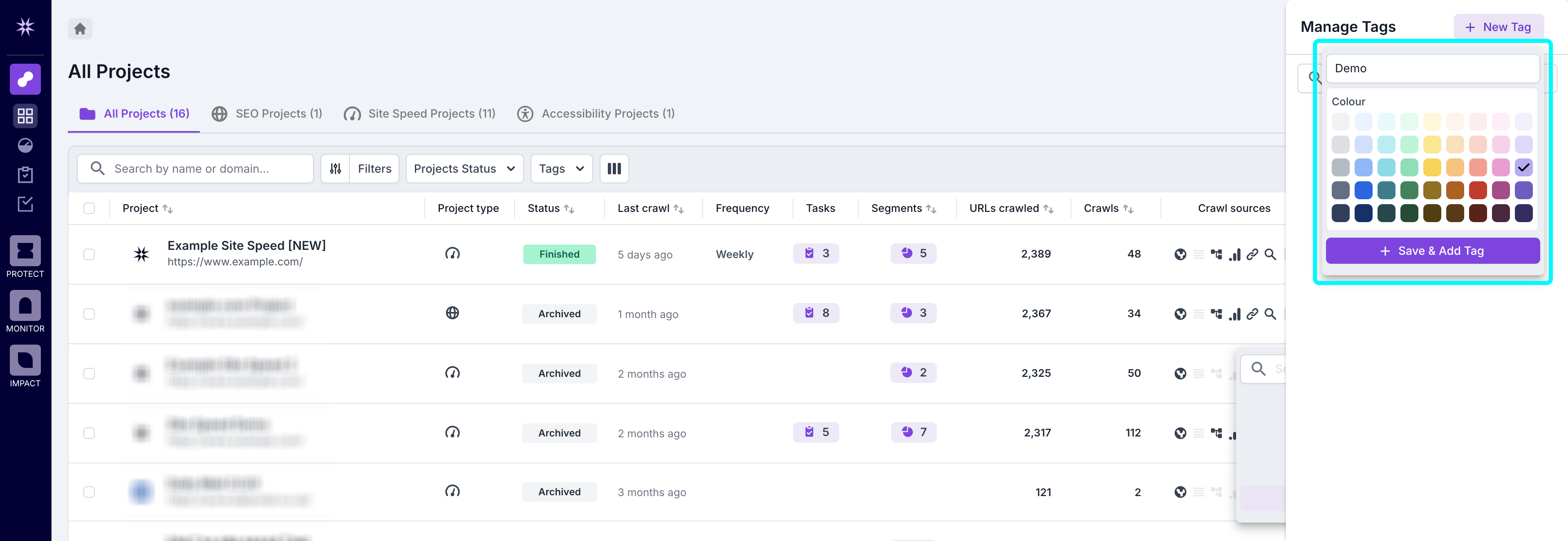 Screenshot of the project list view with the create tag modal open showing the option to add a name and choose a color for the tag.