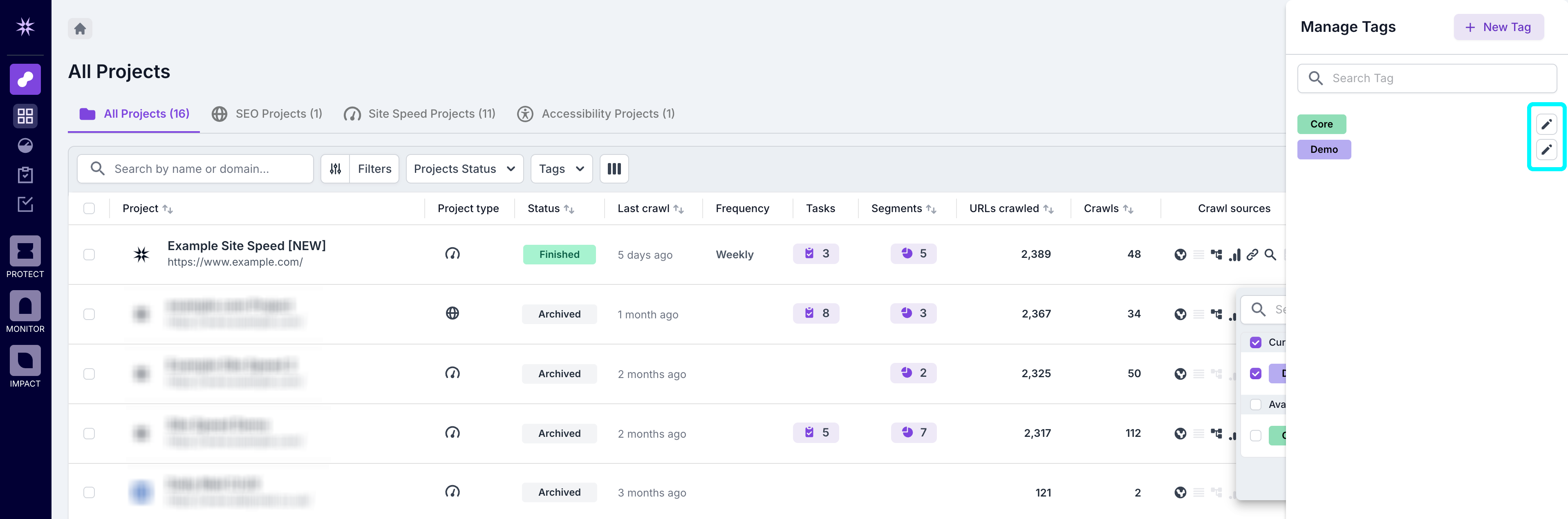 Screenshot of the tag management modal with two tags created and the edit tag option highlighted.