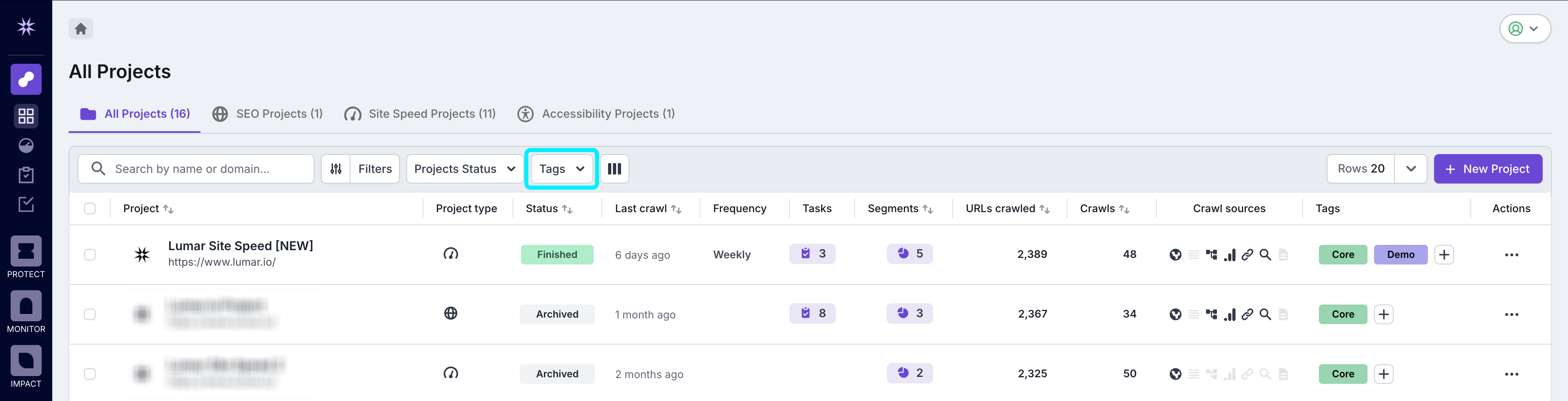 Screenshot of the project list view with the filter by tag option highlighted.