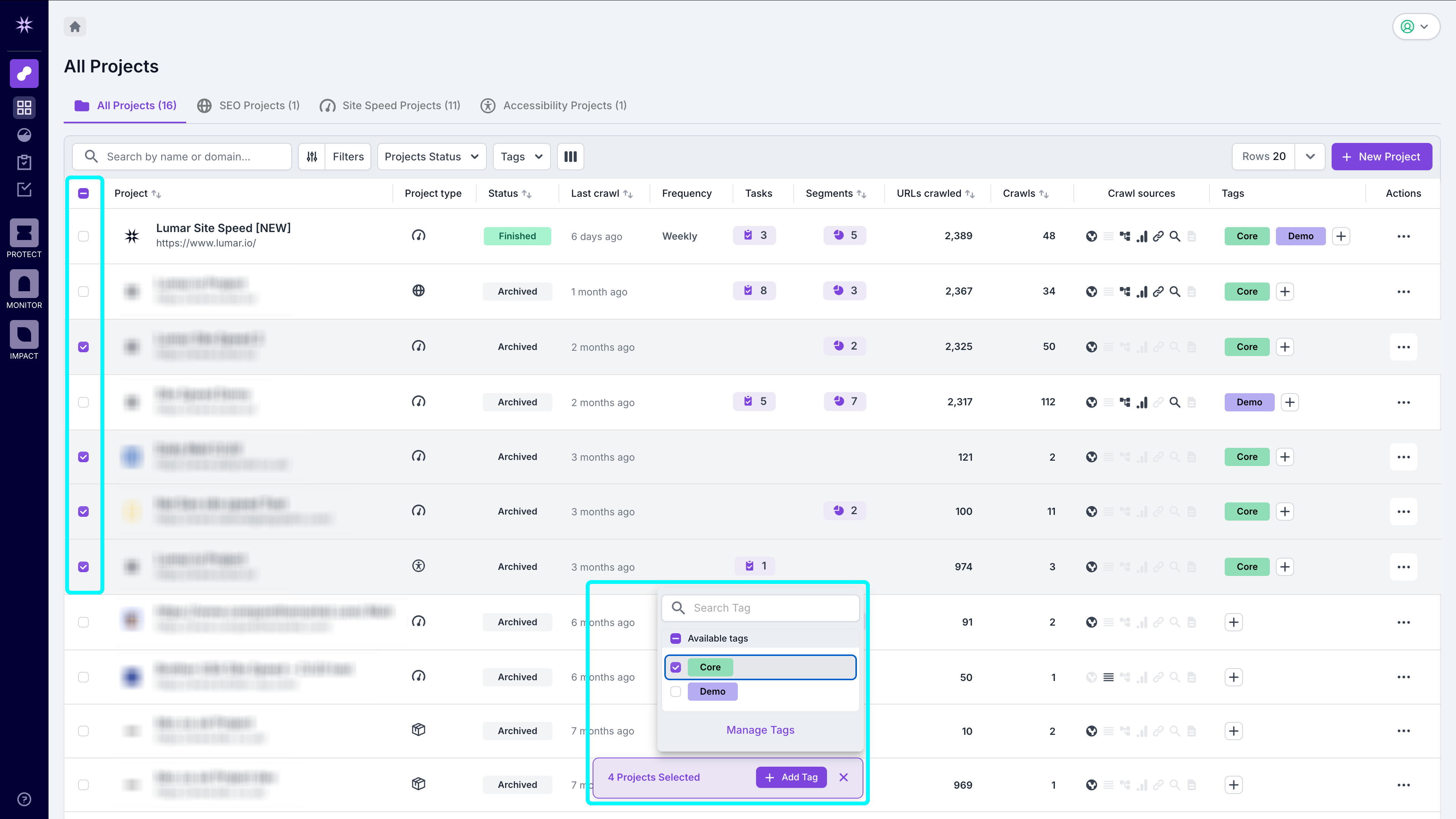 Screenshot of the project list view with the project selector option highlighted and showing four projects selected. The option to add tag is also highlighted and shows the 'Core' tag being added to those four projects.