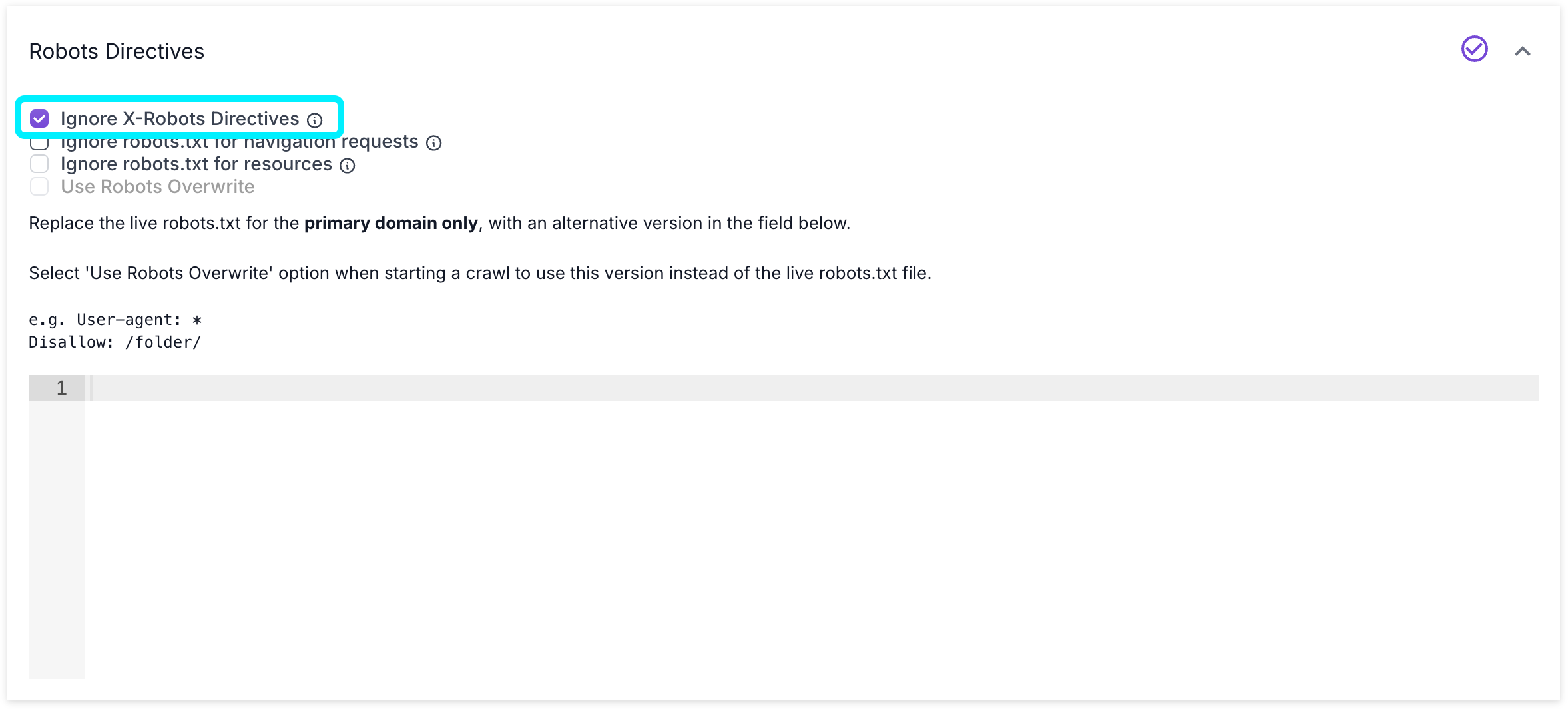 Screenshots of the Robots Directives section of Advanced Settings with the Ignore X-Robots Directives option highlighted.