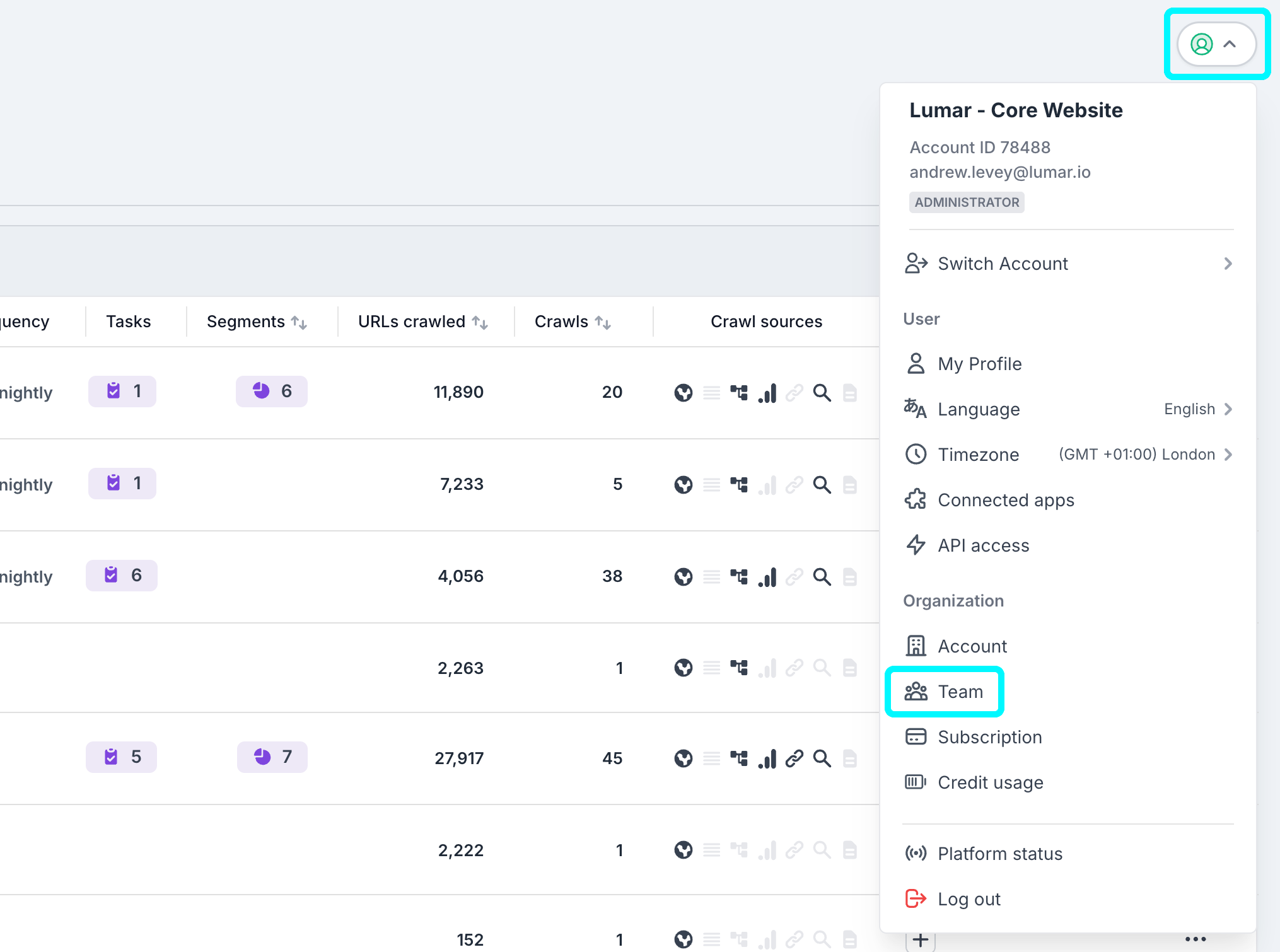 Screenshot of a section of the Lumar project list view with the user menu button and team options highlighted.