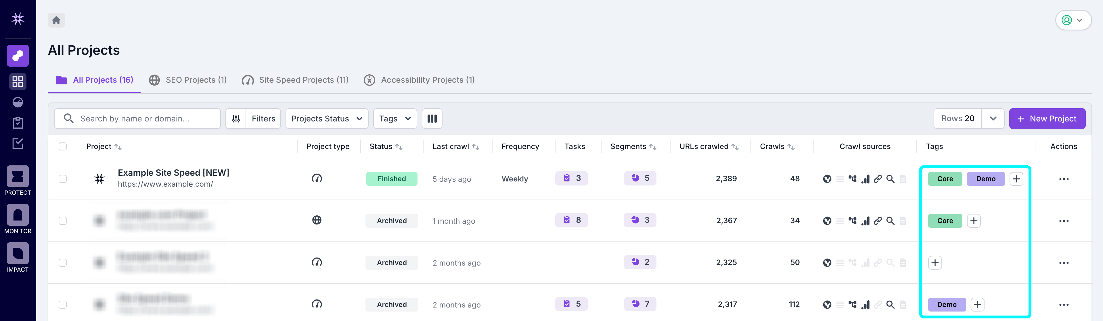 Screenshot of the Lumar Analyze Project List, with project tags highlighted.