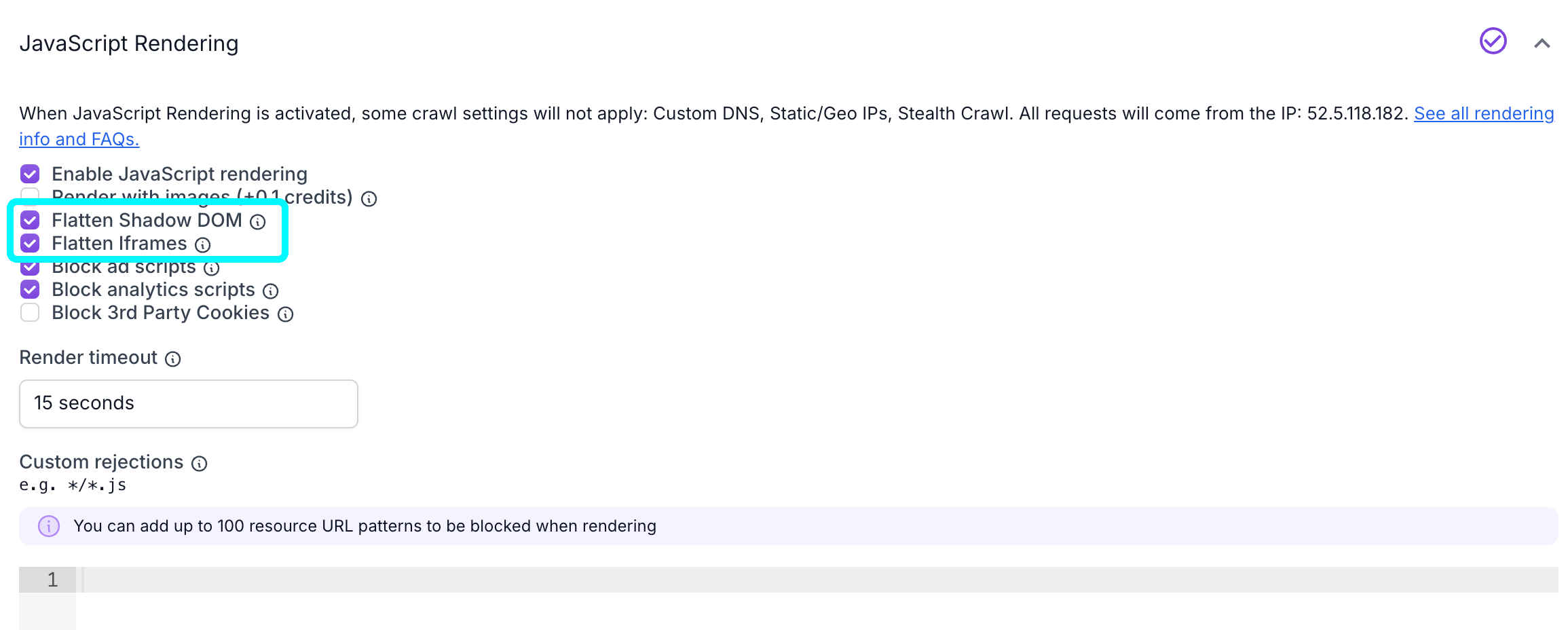 Screenshot of the JavaScript Rendering settings in Advanced Settings in Step 4 of the project setup process, showing the options to disable flatten Shadow DOM and iFrames.