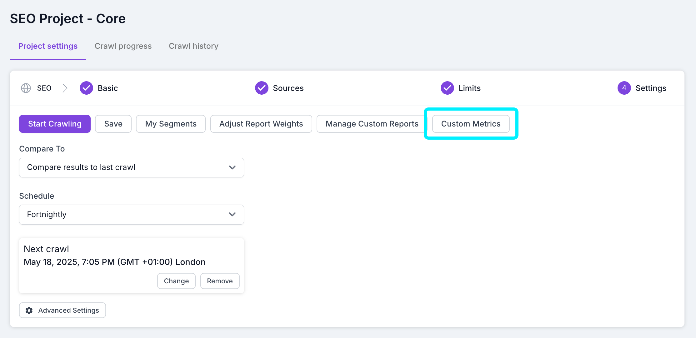 Screenshot of step 4 of the crawl setup proces, with the Custom Metrics button highlighted.