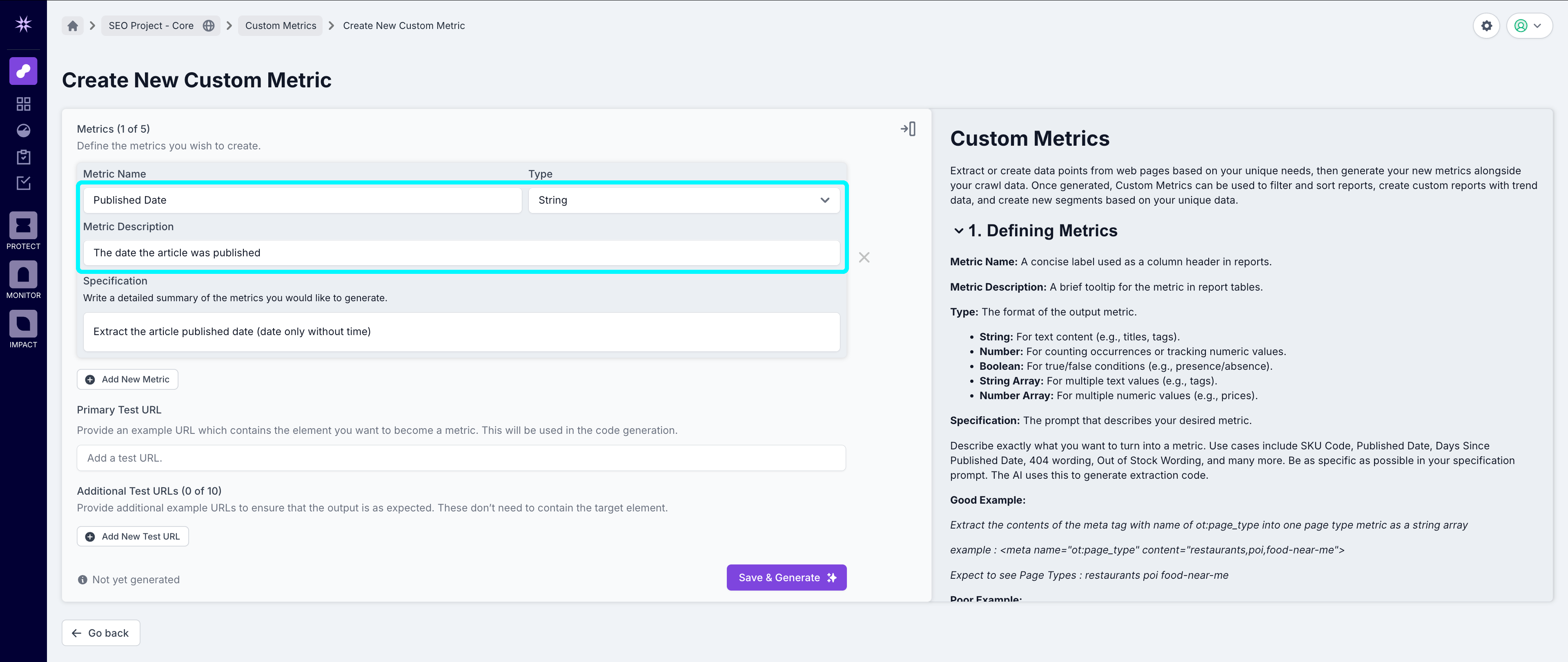 Screenshot of the custom metric creation screen showing a custom metric to extract the published date from an article, with the metric name, description and type highlighted.