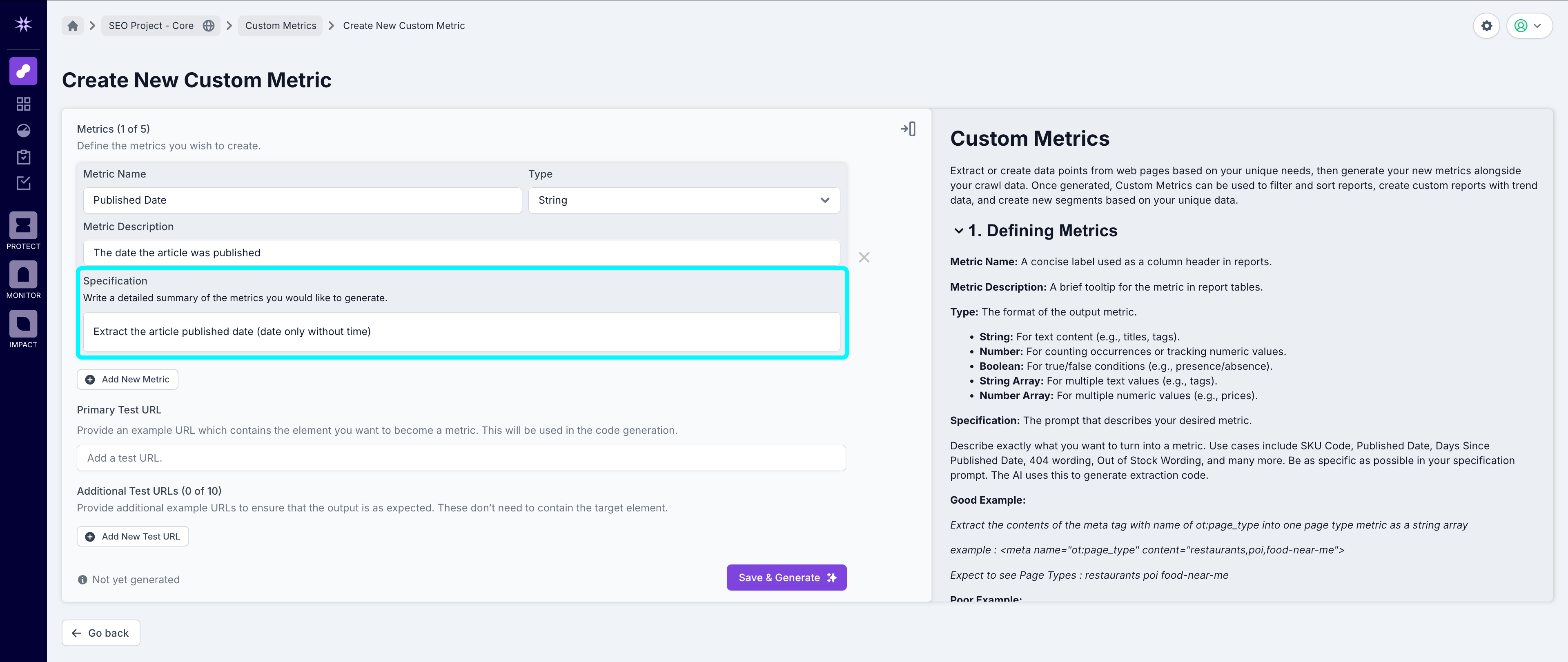 Screenshot of the custom metric creation screen with the specification highlighted, showing the text 'extract the article published date (date only without time)'.