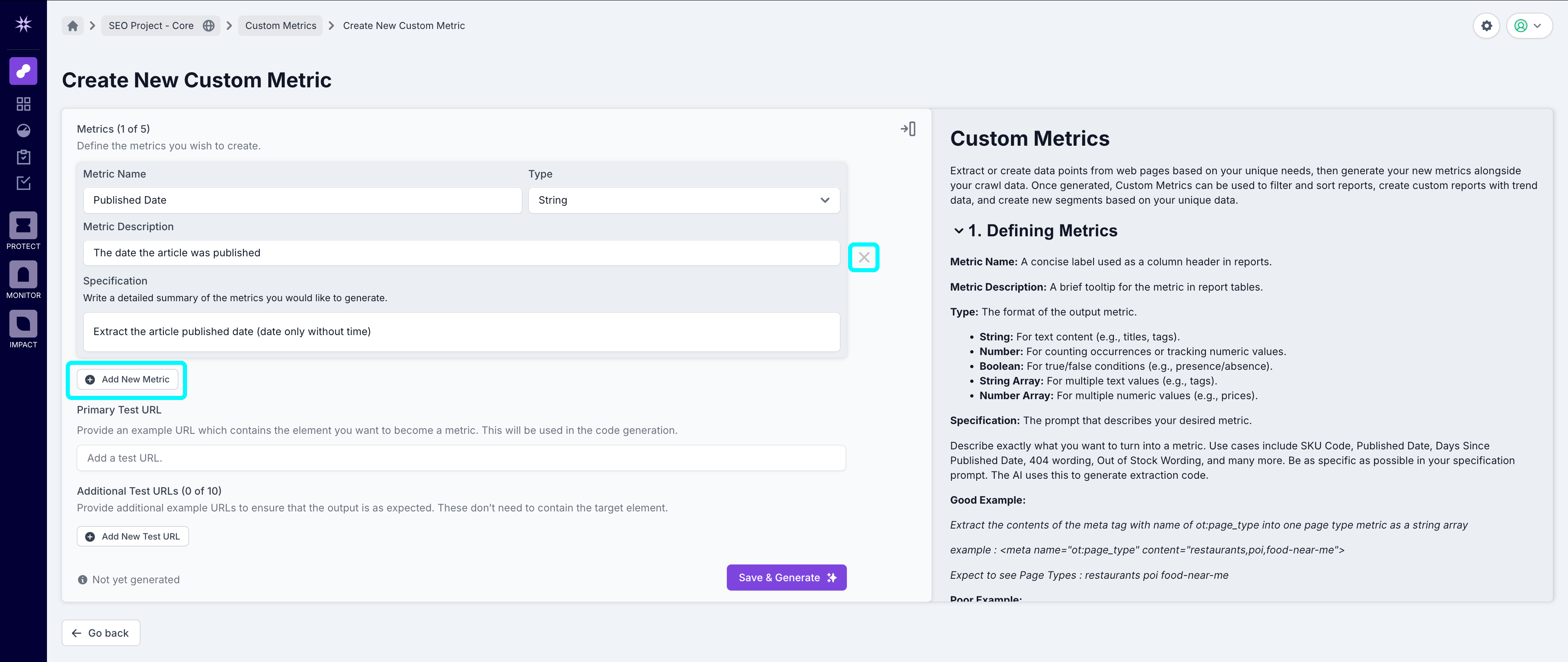Screenshot of the custom metric creation screen with the Add New Metric and delete options highlighted.