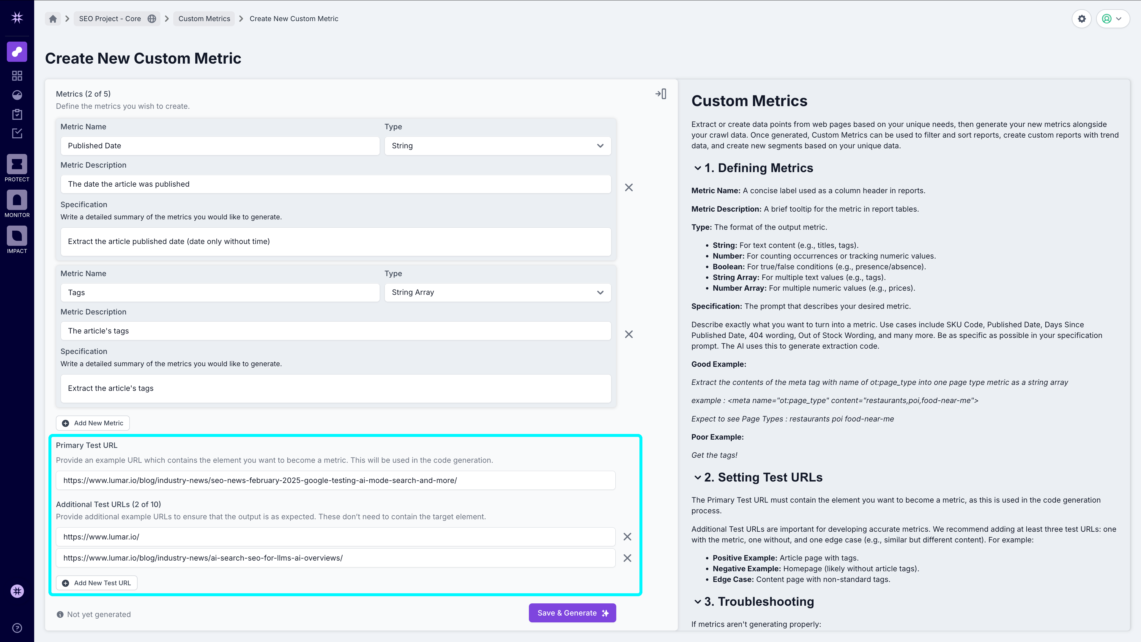 Screenshot of the custom metric creation screen with the test URLs section highlighted.
