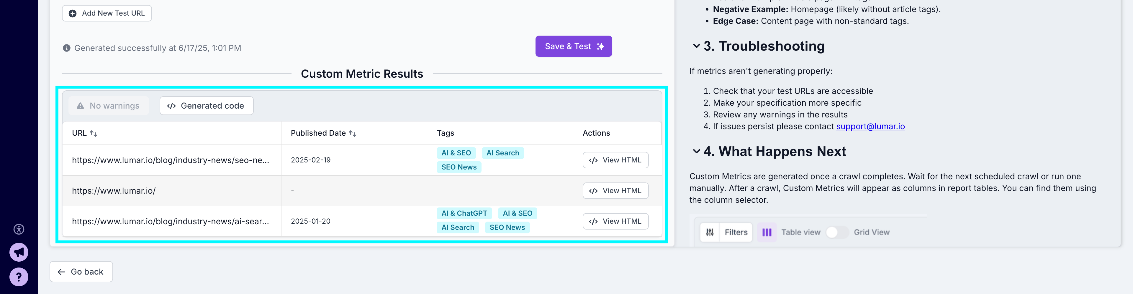 Screenshot of the bottom of the custom metric creation screen with the results highlighted. 