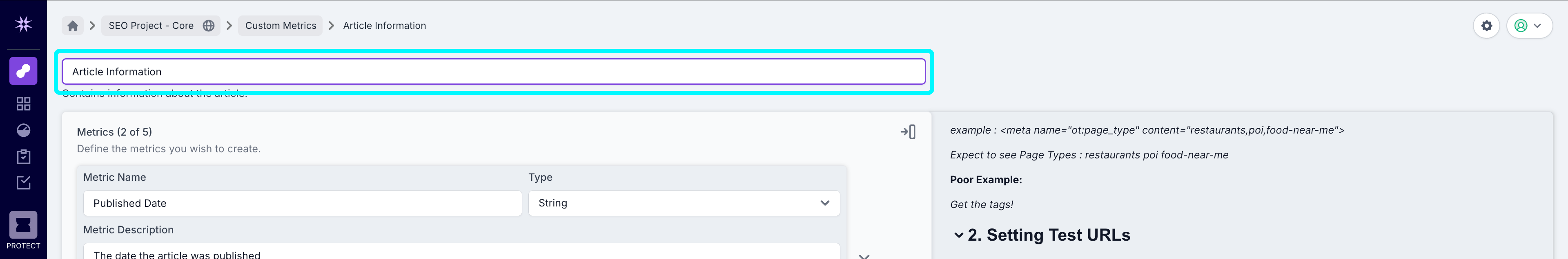 Screenshot of the top of the custom metric creation screen with the option to change the name of the custom metric highlighted.