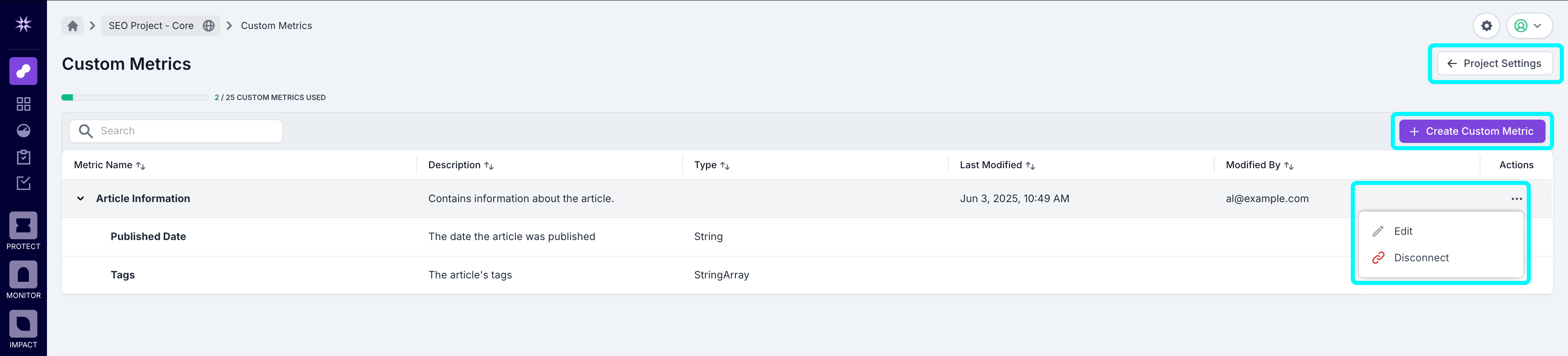 Screenshot of the custom metrics overview screen, showing a created custom metric, and with the options to edit or delete, create a new custom metric, and return to project settings buttons highlighted.