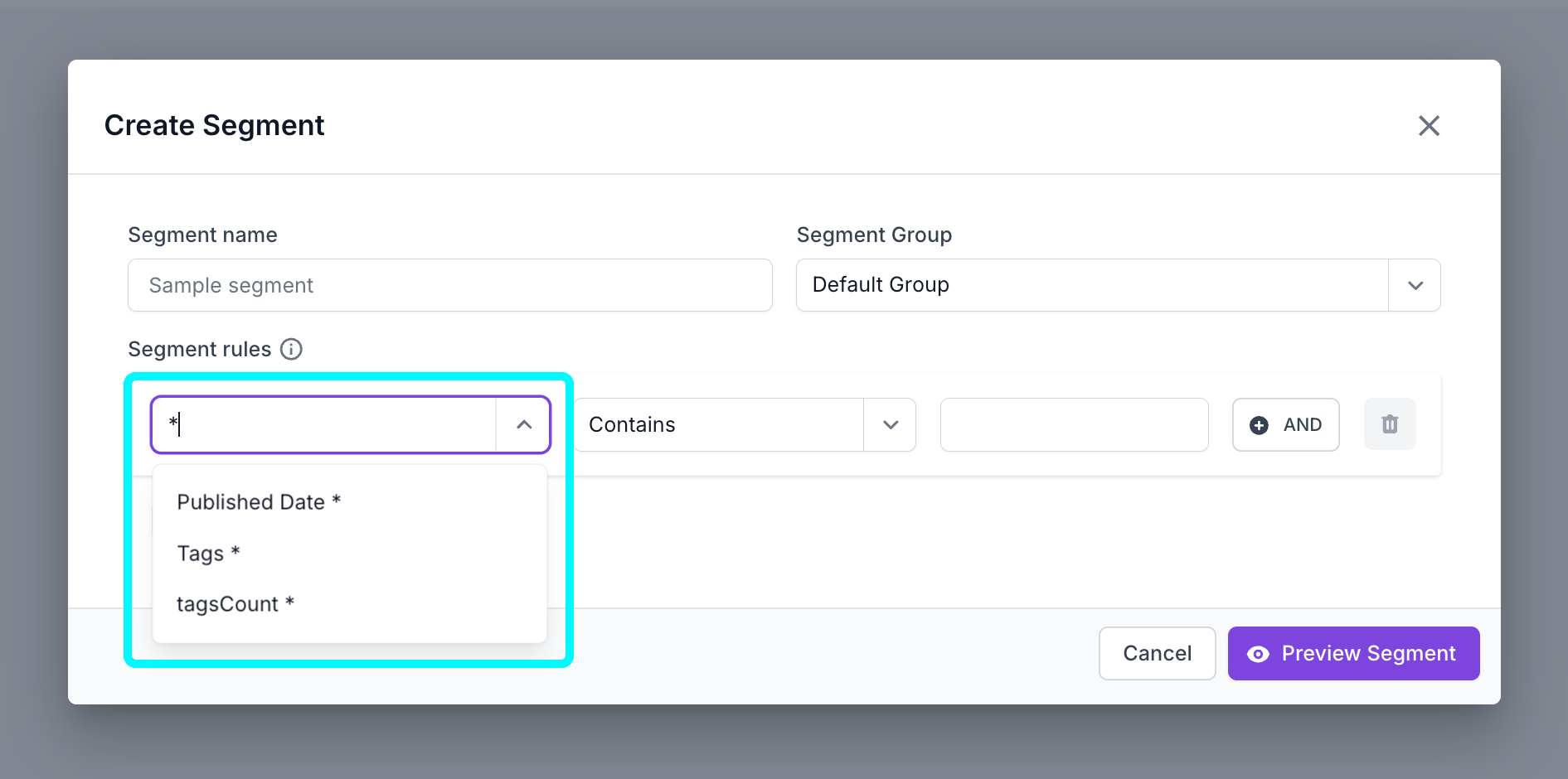 Screenshot of the create segment screen, with the segment rules dropdown highlighted and showing the custom metrics that have been created.