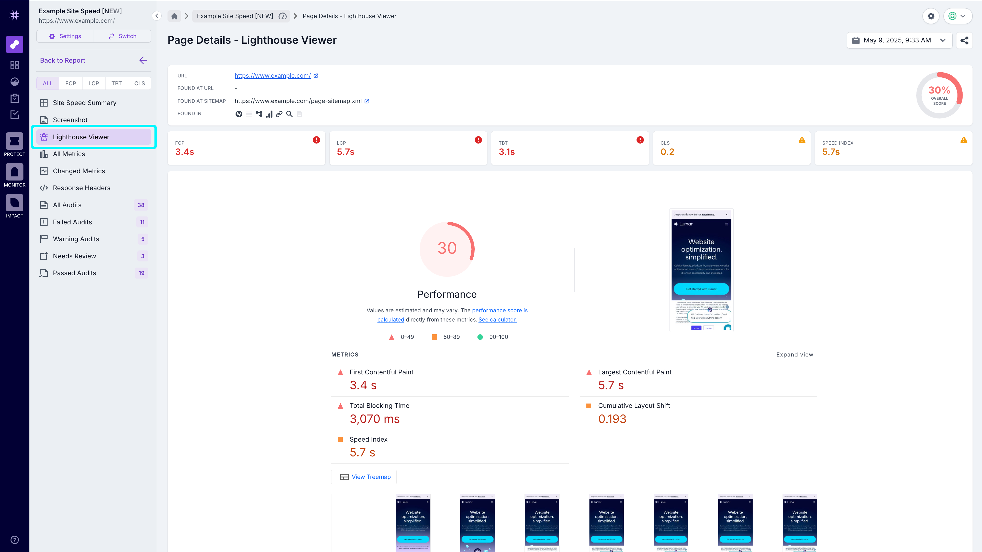 Screenshot of the Lumar Page Details view for a site speed project, showing the Lighthouse View option in the left-hand navigation.