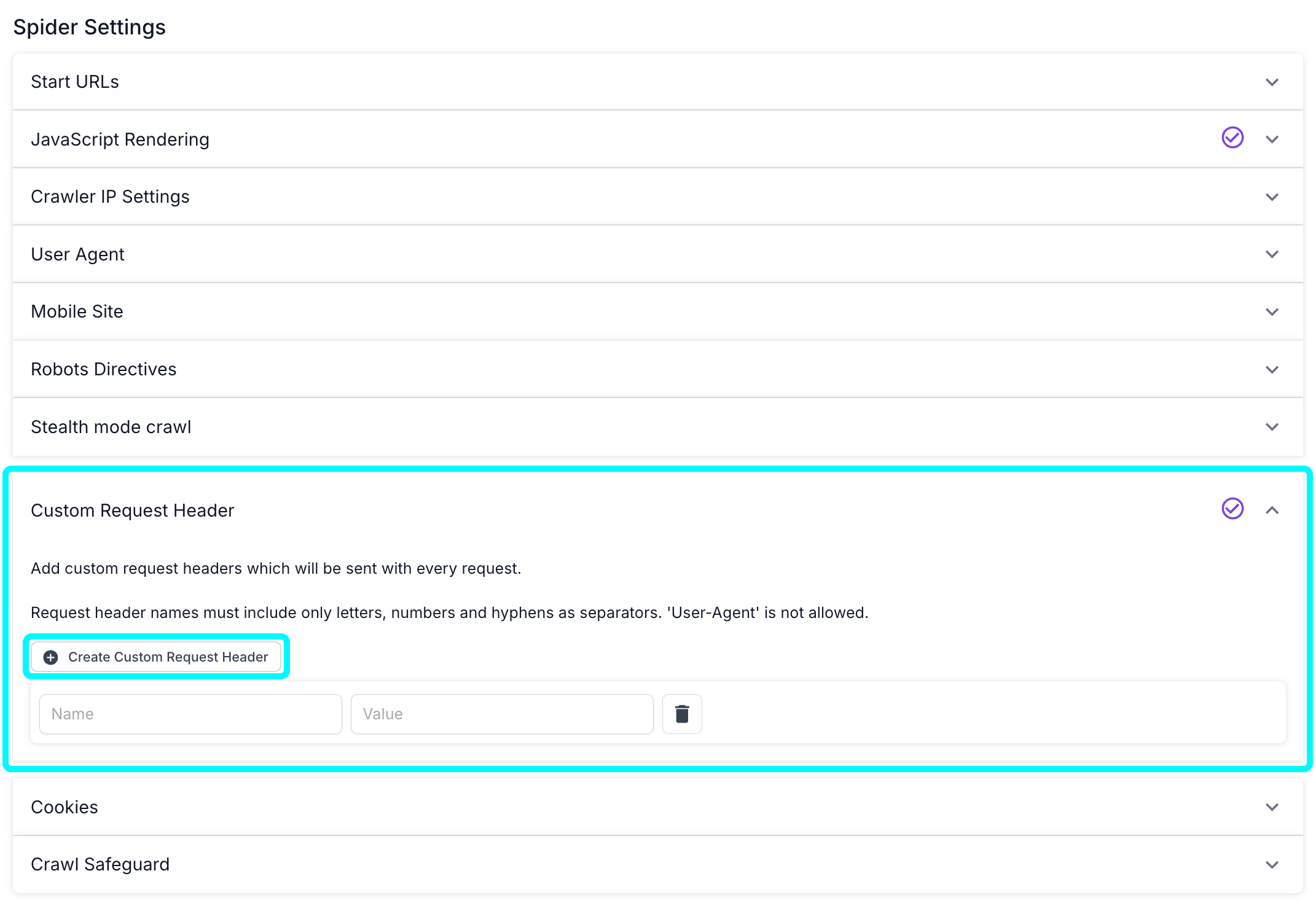 Screenshot of the Spider Settings options in Advanced Settings, with the Custom Request Header section, and the Create Custom Request Header button highlighted.
