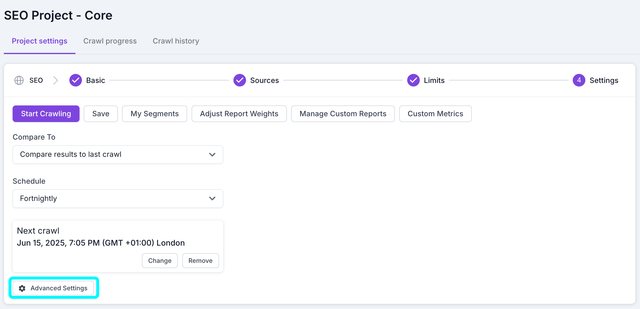 Screenshot of Step 4 of the crawl setup process, with the Advanced Settings button highlighted.