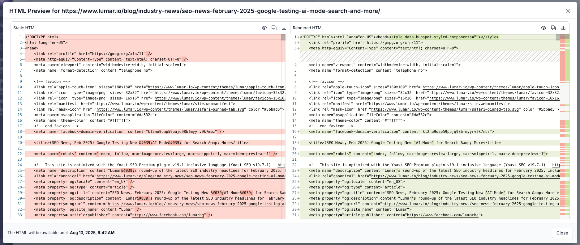 Screenshot of the screen showing the raw HTML alongside the rendered HTML.