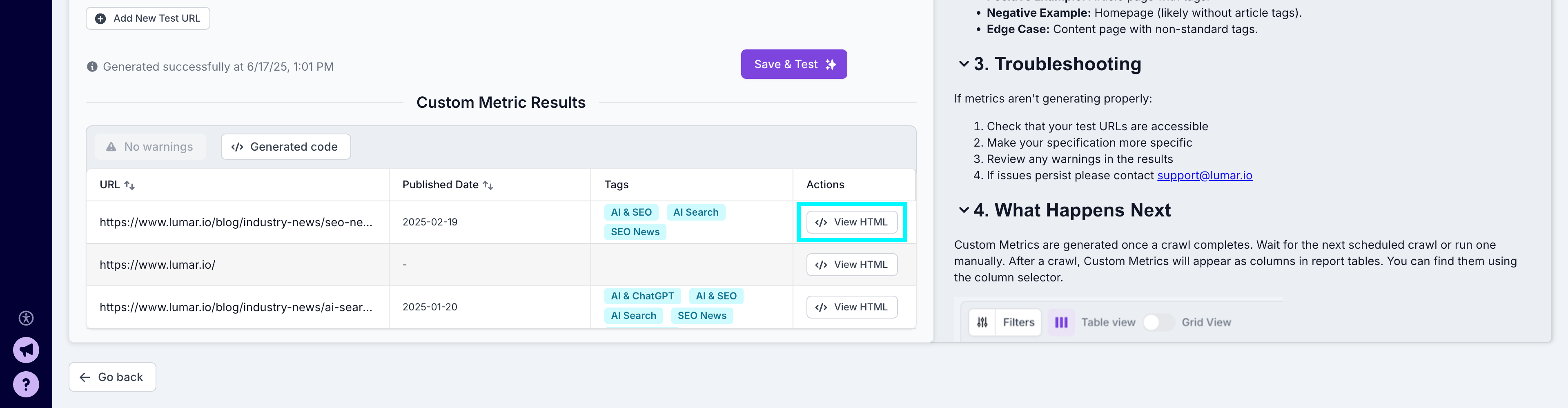 Screenshot of the bottom of the custom metric creation screen with the option to view the HTML highlighted.