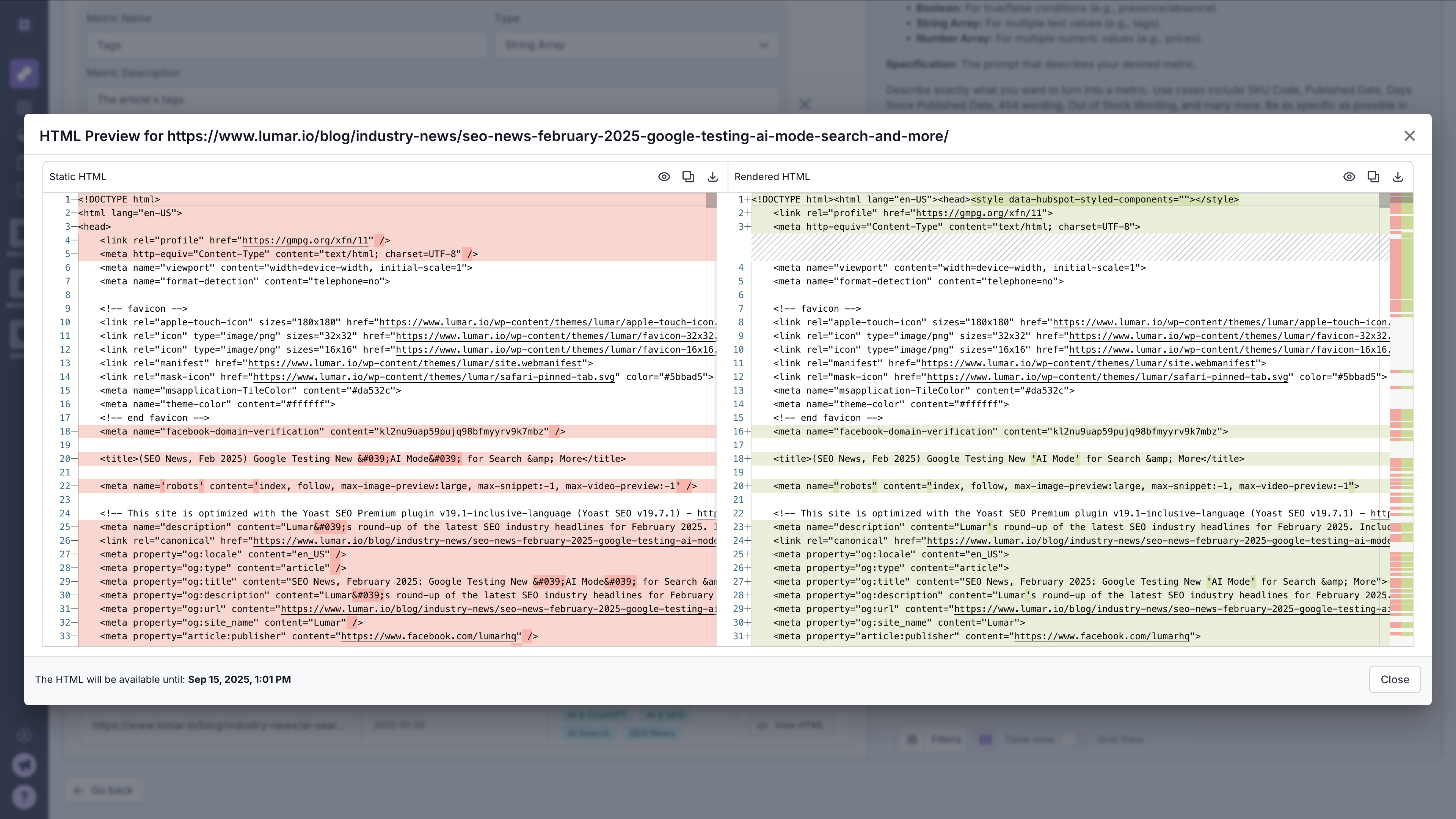 Screenshot of the stored static and rendered HTML side-by-side.