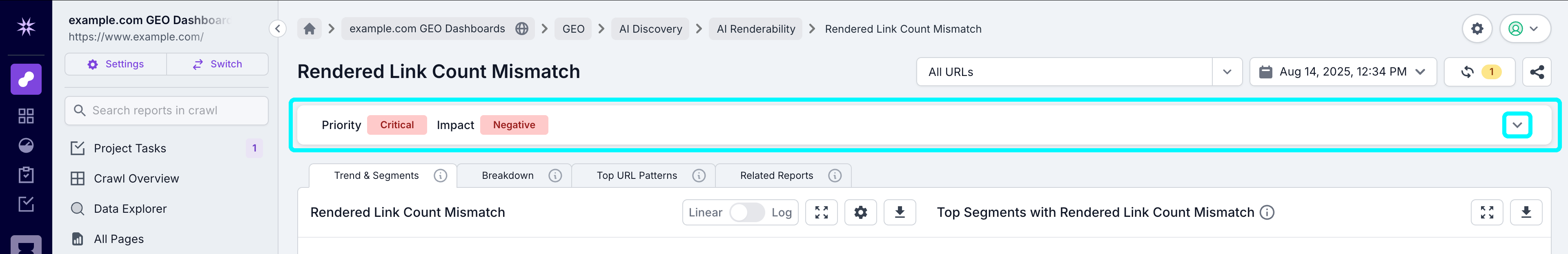 Screenshot of hte top part of the Rendered Link Count Mismatch report, with the priority and impact, and the down arrow to expand the help section highlighted.