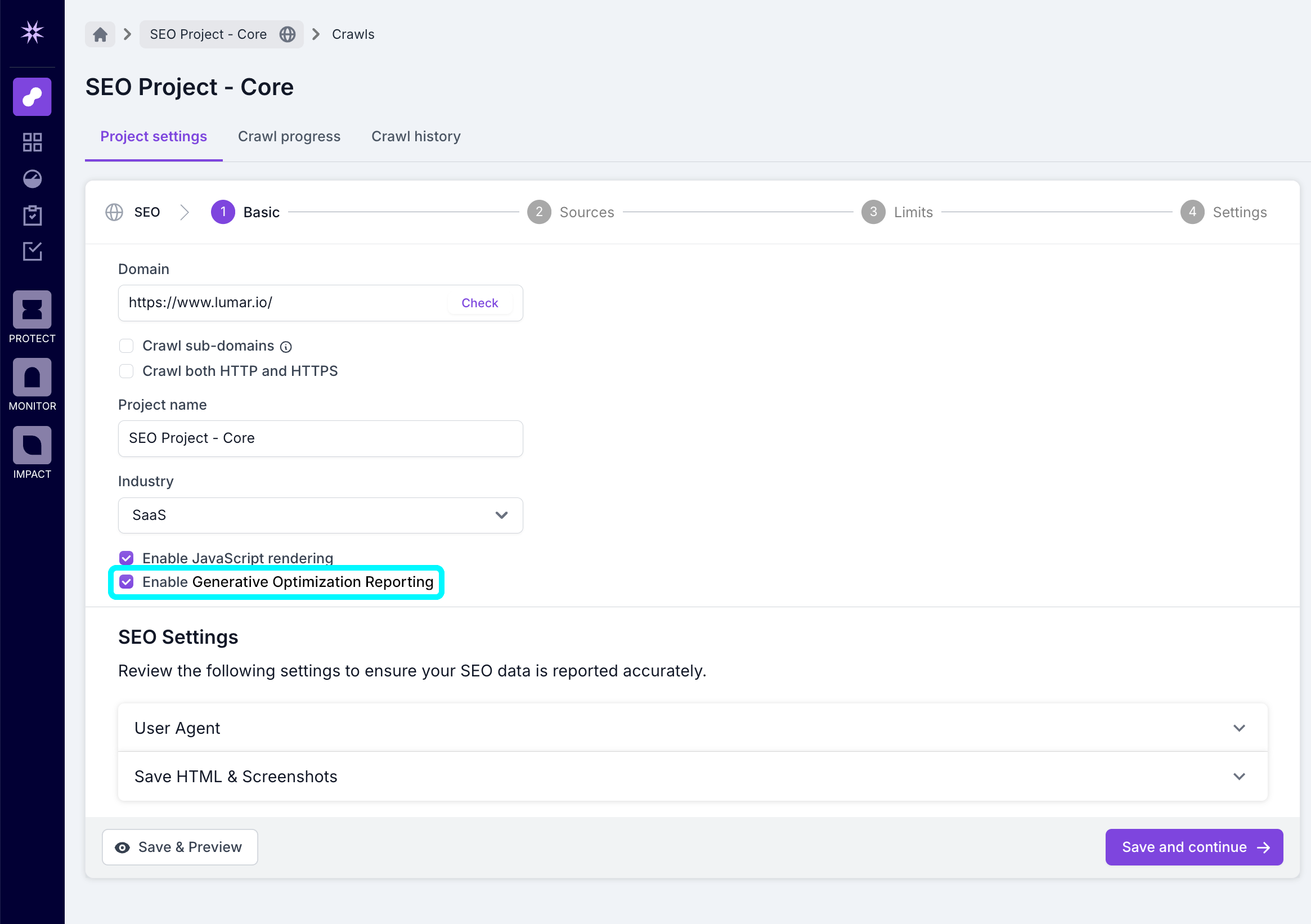 Screenshot of ste 1 of the project setup process, with the Enable Generative Optimization Reporting option highlighted.