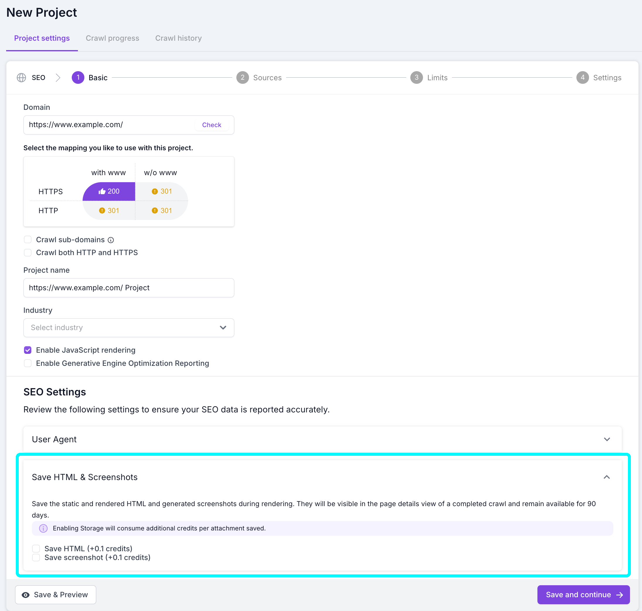 Screenshot of Step 1 of the project setup, with the Save HTML and Screenshots section highlighted.