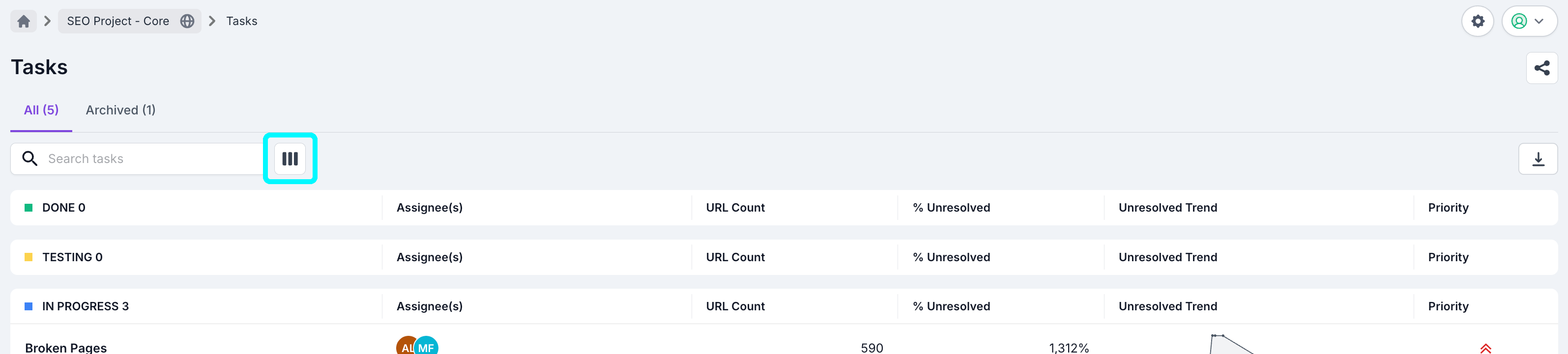 Screenshot of the top part of the Task Manager screen with the column selector button highlighted.