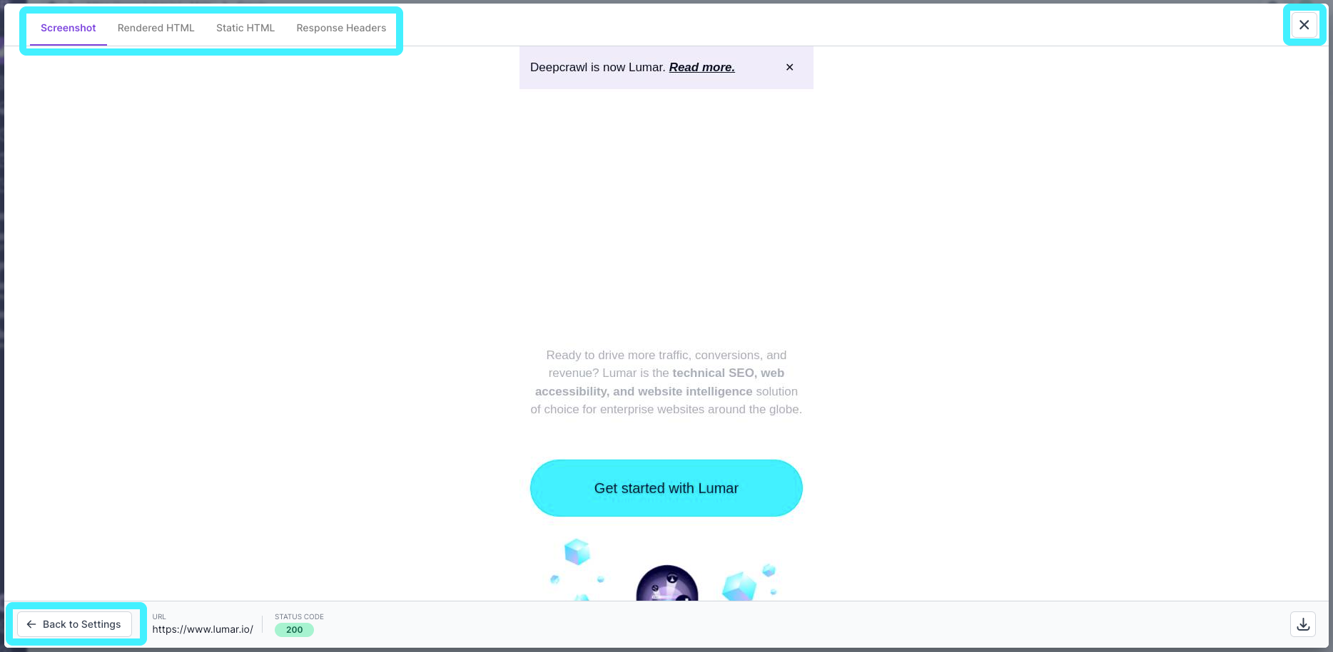 Screenshot of the crawl setup preview, showing the screenshot captured.