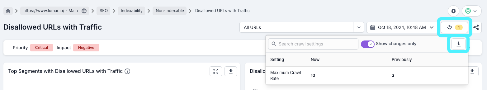 Screenshot of the top of a Lumar Analyze report with the compare option opened and highlighted, and the download button highlighted.