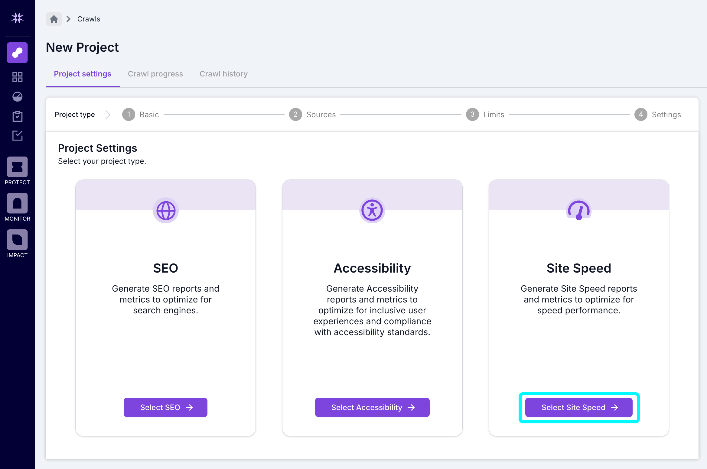 Screenshot of the Lumar project setup with the options to choose to set up an SEO, accessibility or site speed project. The Select Site Speed button is highlighted.