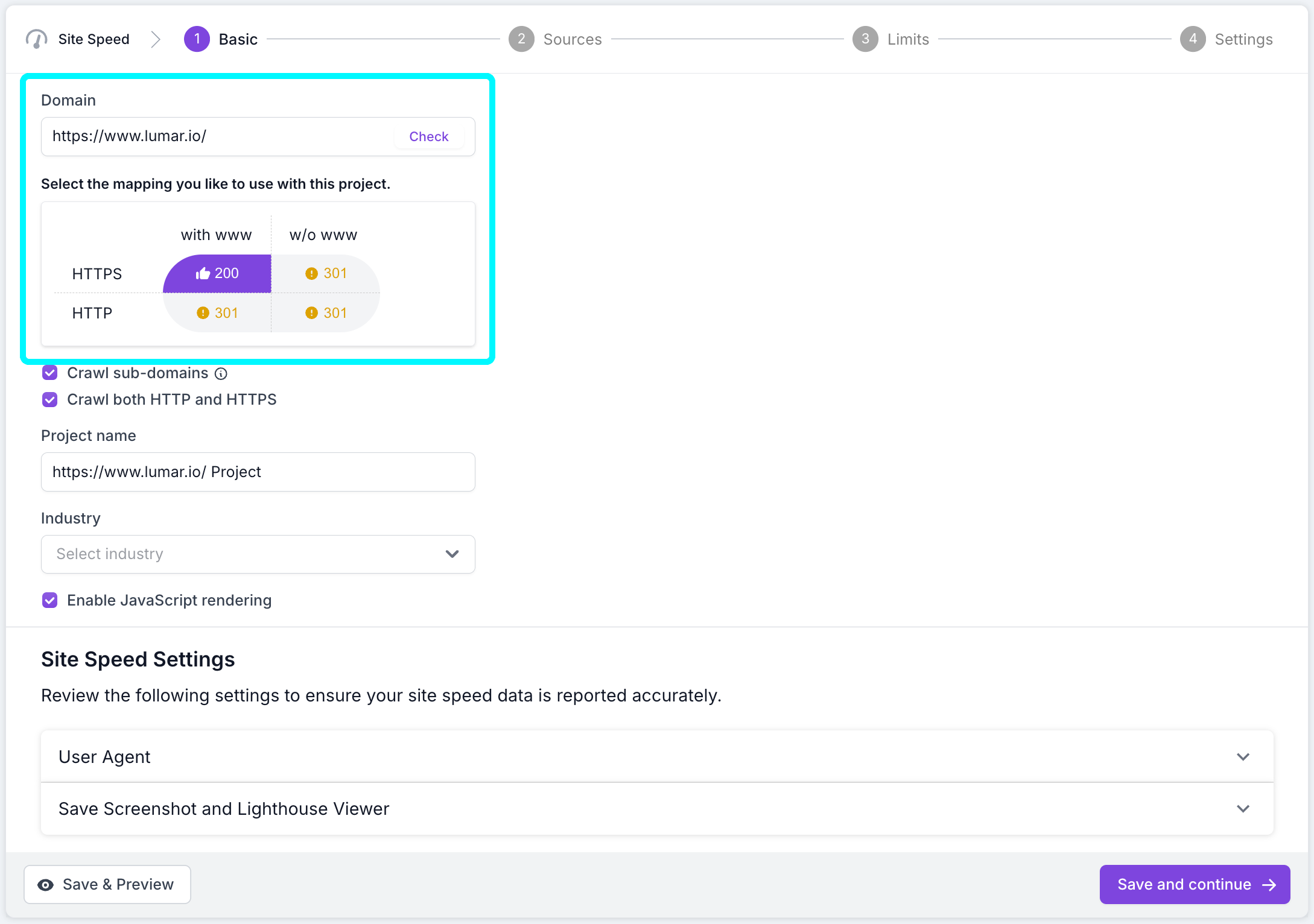 Screenshot of step 1 of the crawl setup process with the domain check area highlighted. The domain is shown as https://www.lumar.io/ and the https and with www option has a purple thumbs up to show tha the domain mapping is working correctly.