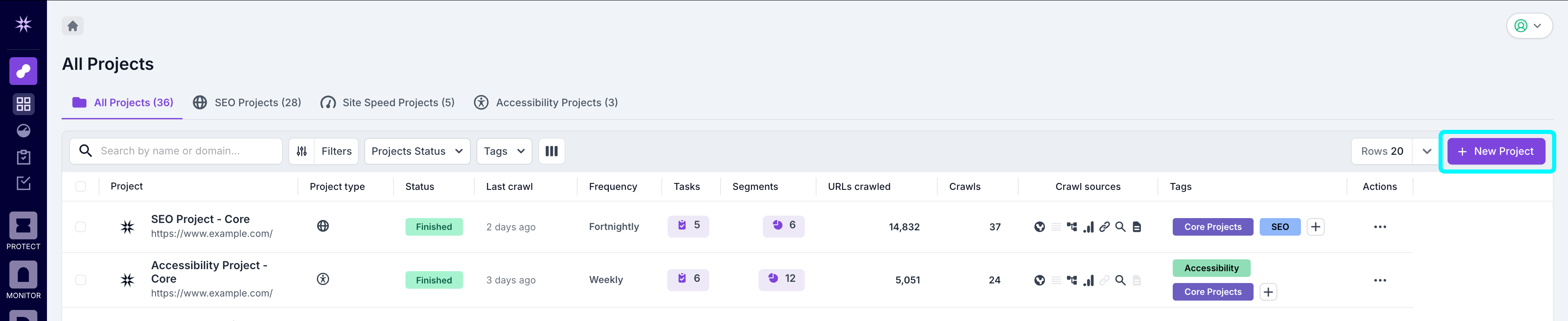 Screenshot of the Lumar Analyze project view, with the new project button highlighted in the top right corner.