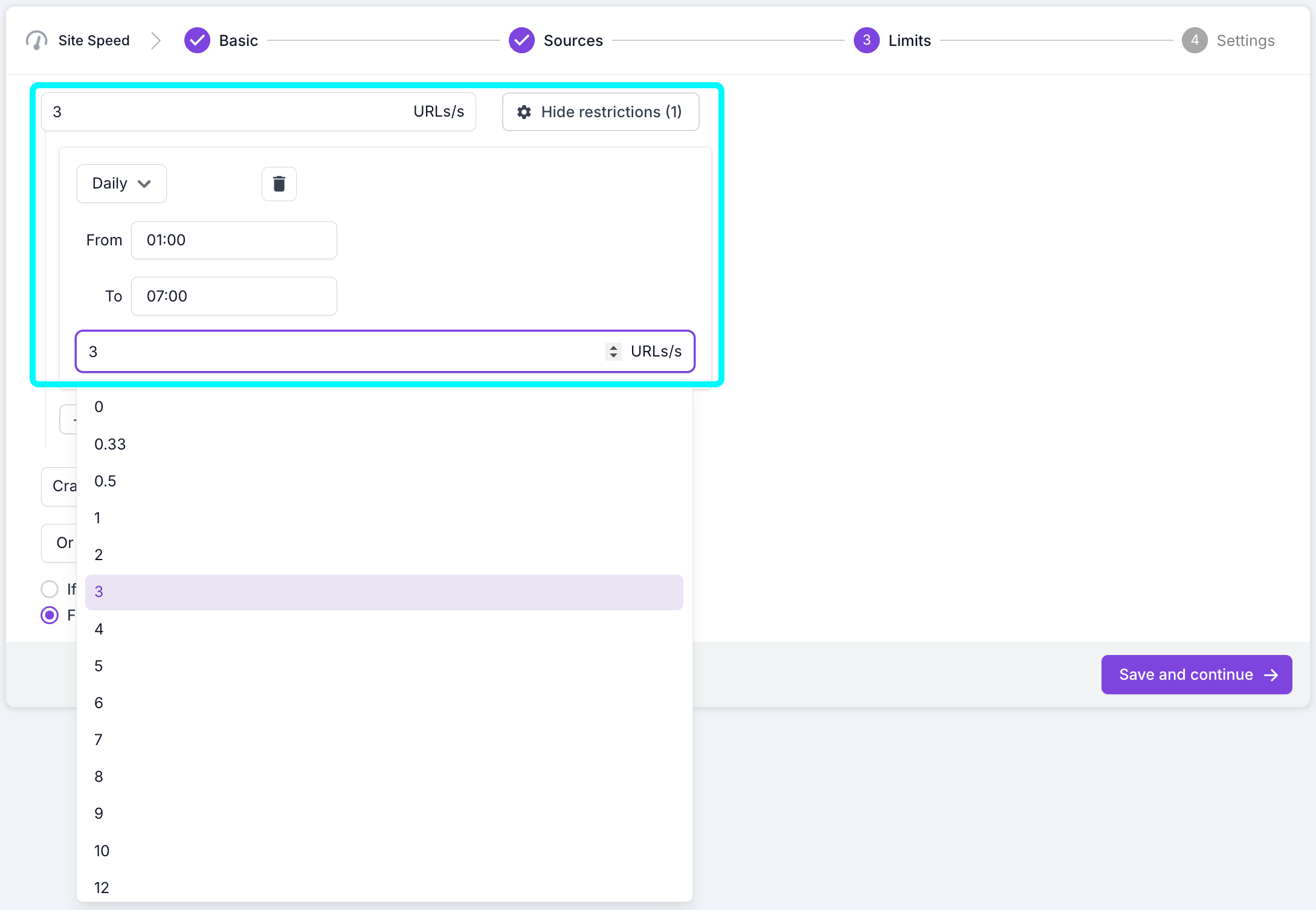 Screenshot of step 3 of the project setup process with the crawl speed and restrictions option highlighted. This shows the crawl speed set at 3 URLs per second and crawls resticted to between 1am and 7am.