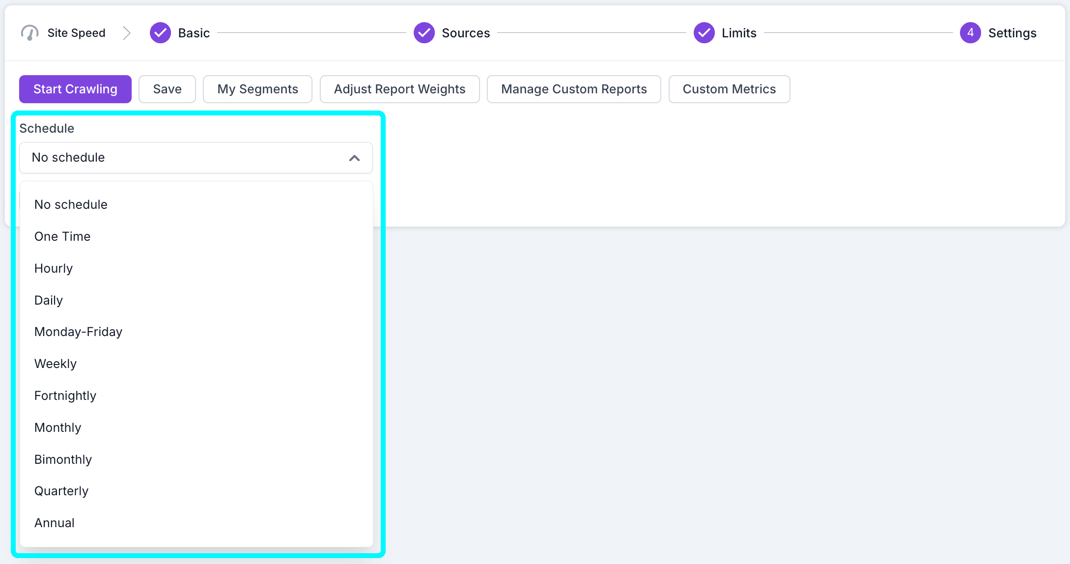 Screenshot of step 4 of the project setup process, with the scheduling options open and highlighted.