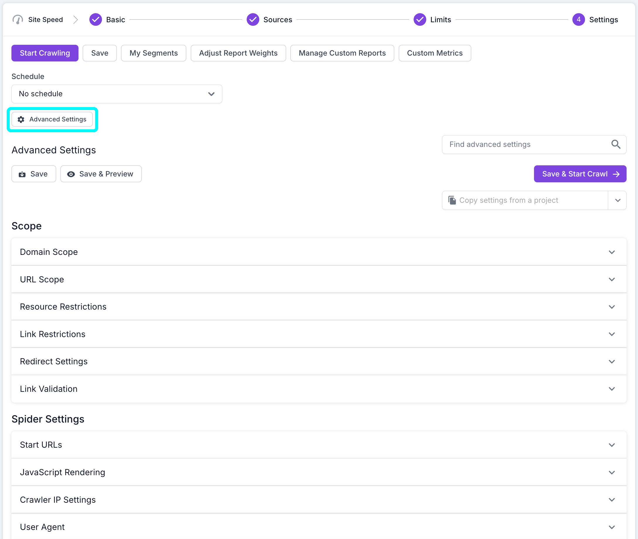 Screenshot of step 4 of the crawl setup process with the advanced settings button highlighted, and the settings opened below.