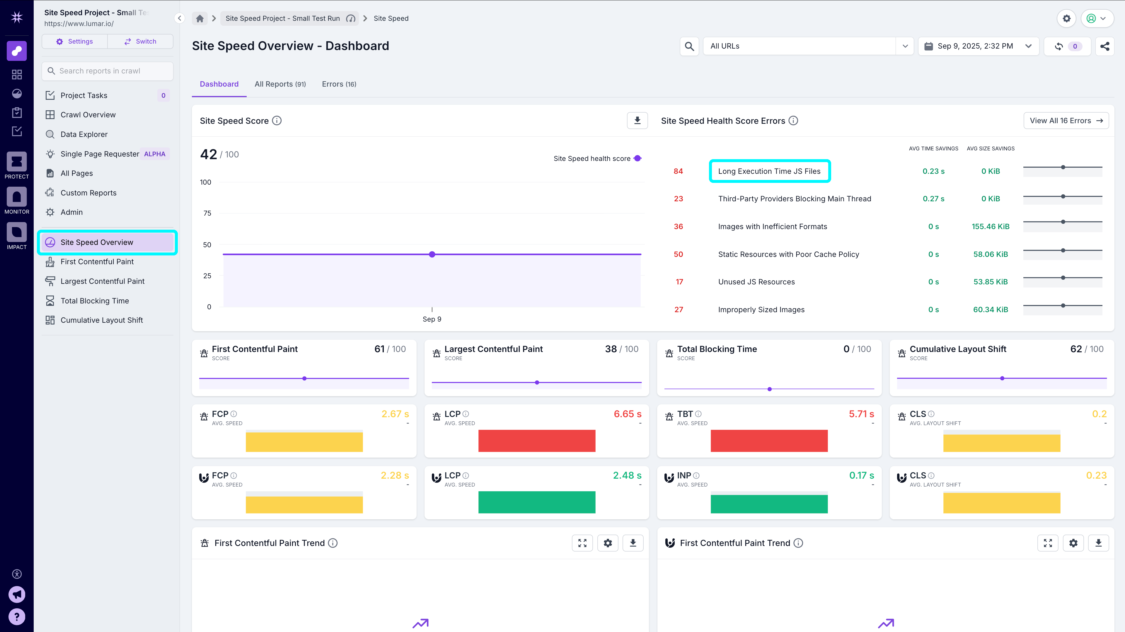 Screenshot of the Site Speed Overview dashboard for the small crawl with Site Speed Overview in the left navigation, and the top error highlighted.